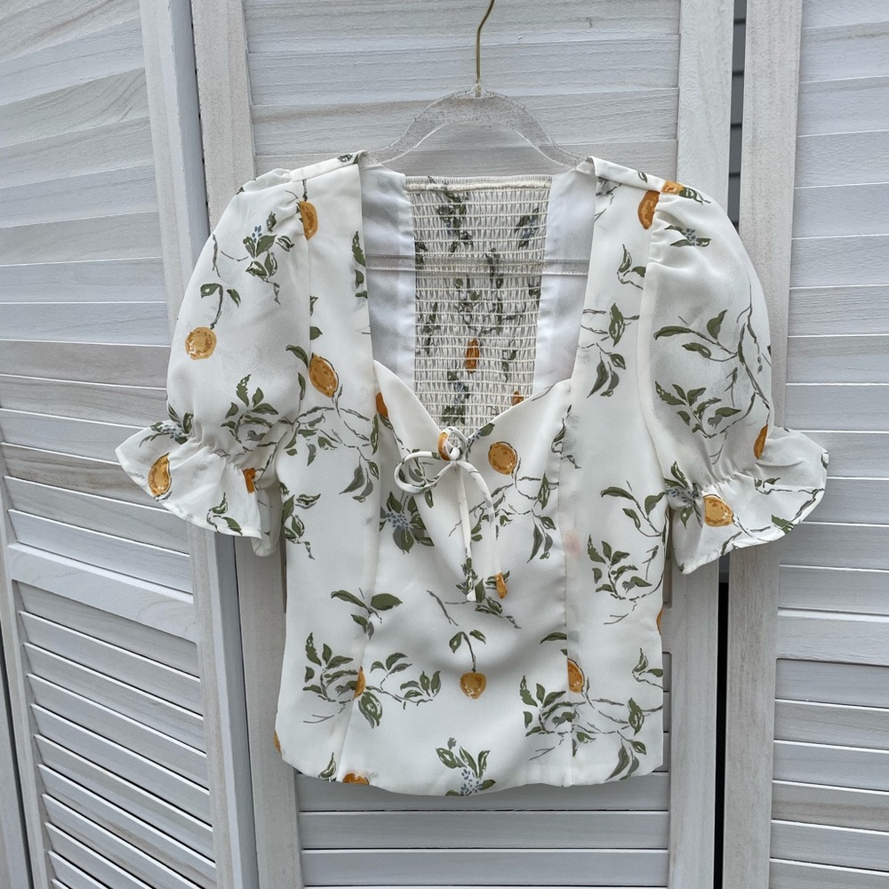 lovely Girl Lemon Print Cottagecore Blouse S